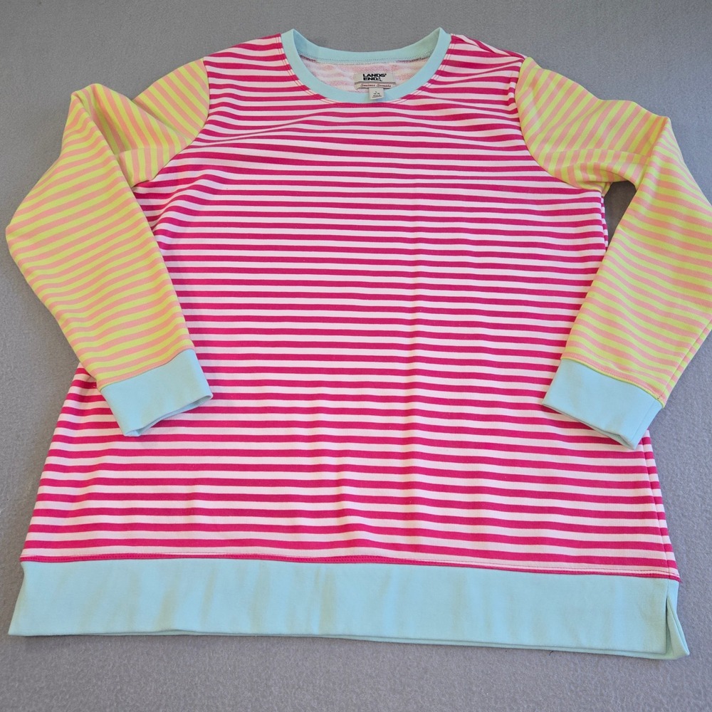 Lands' End Sweatshirt Womens L Pink Yellow Striped Colorblock Serious Sweats - Picture 2 of 6